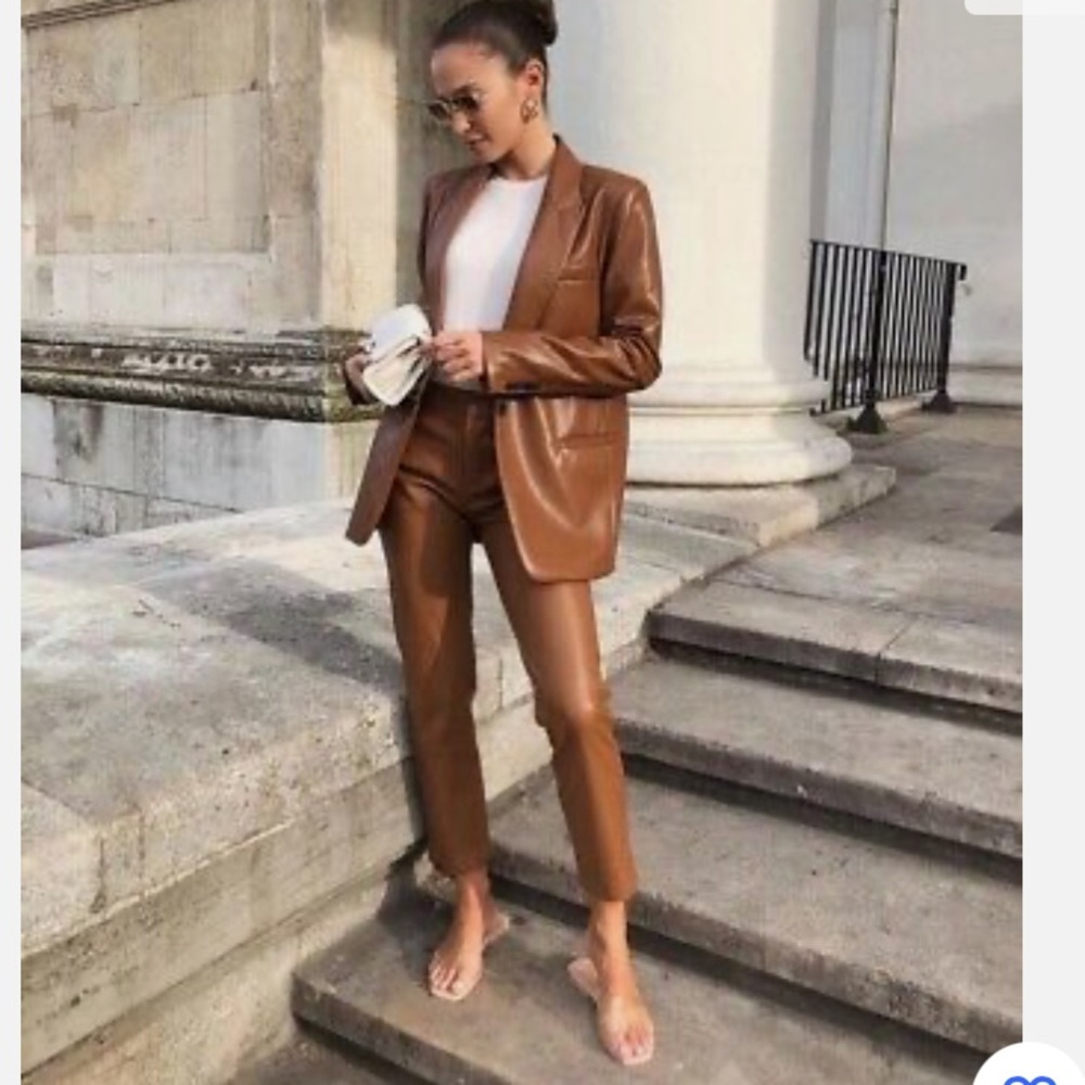 Zara Women Faux Leather Pants Mid Camel